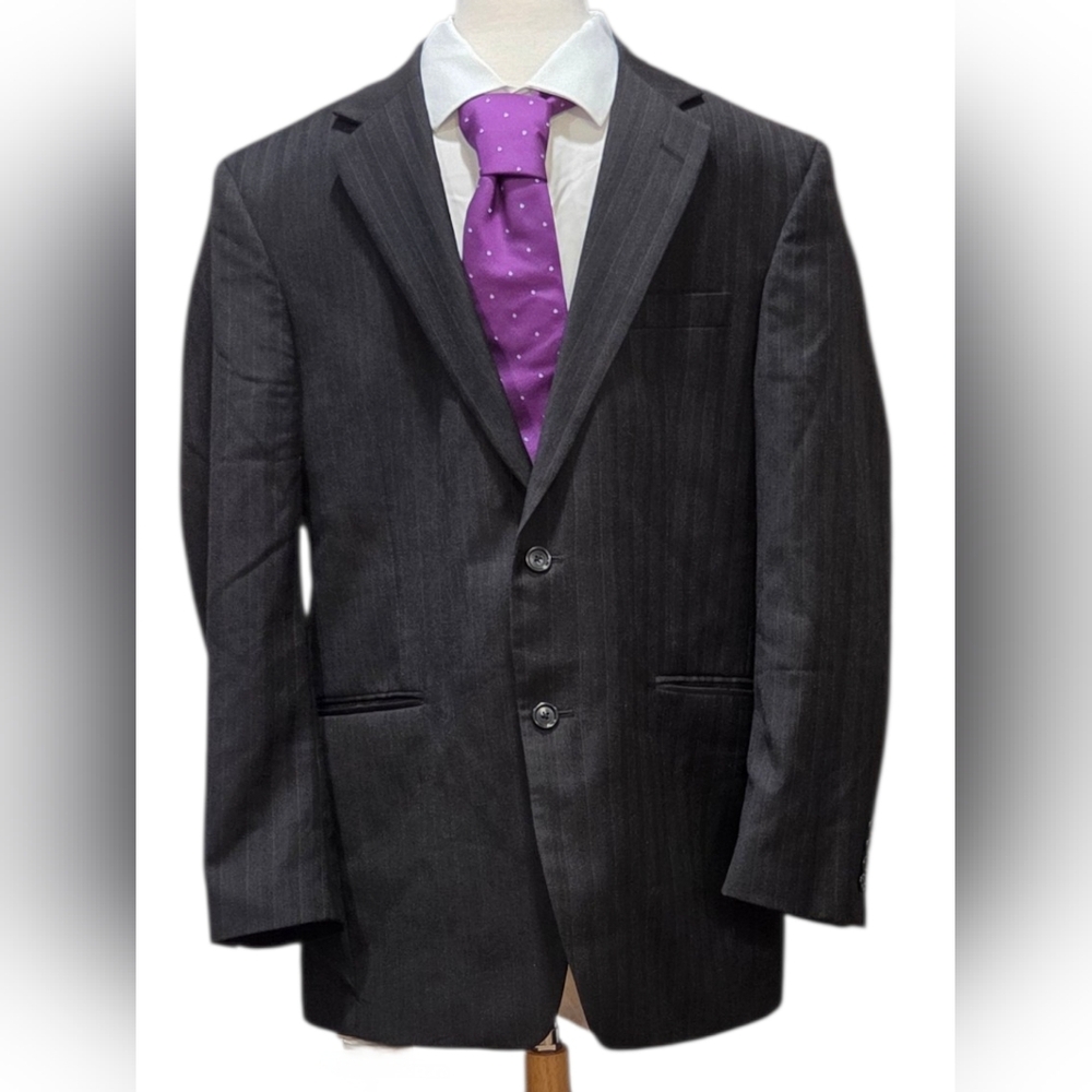 Jos. A. Bank Dark Charcoal Pinstripe Suit Jacket with Purple Tie